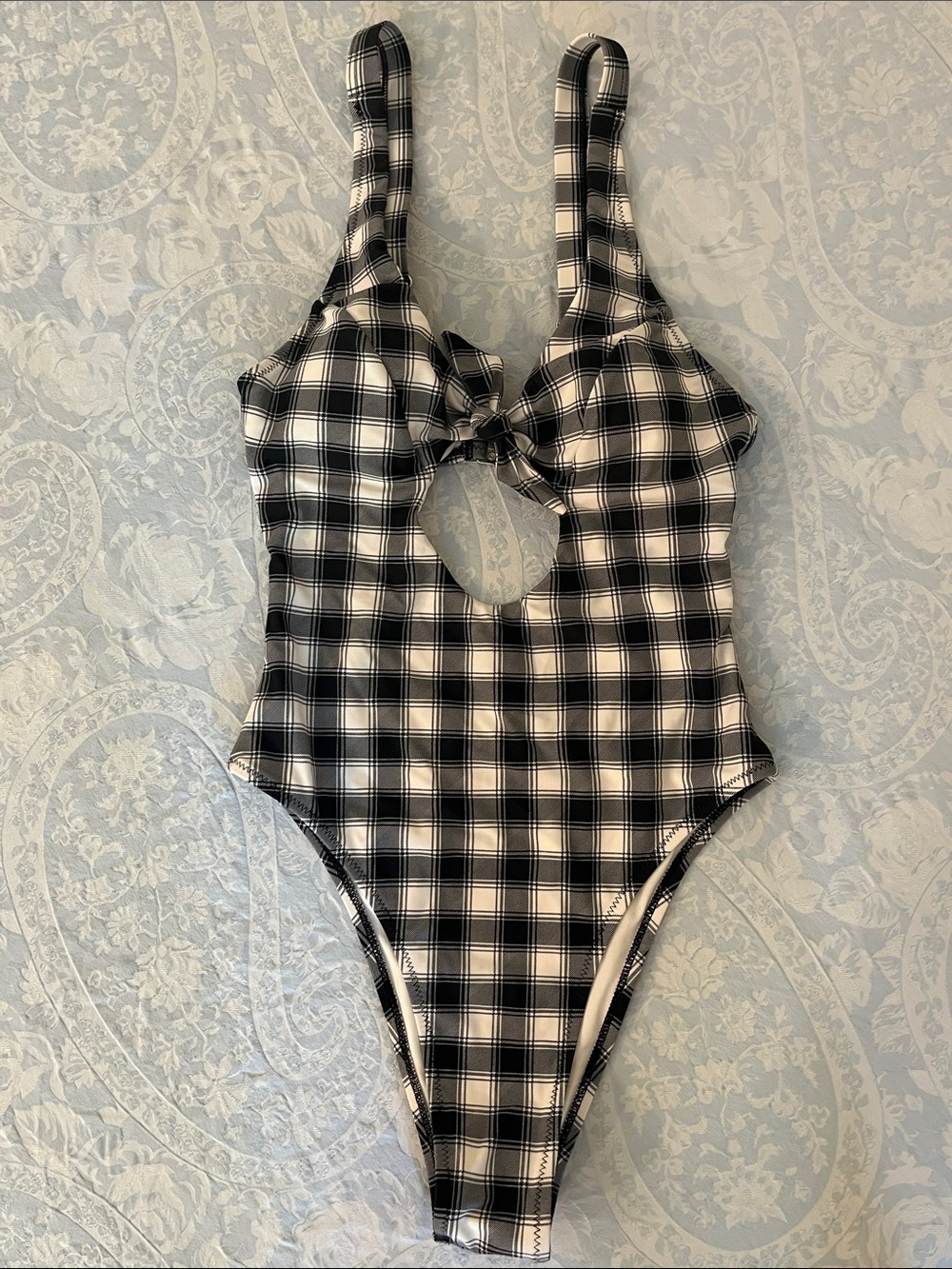 Girls' Black & White Plaid One-Piece Swimsuit with Front Keyhole